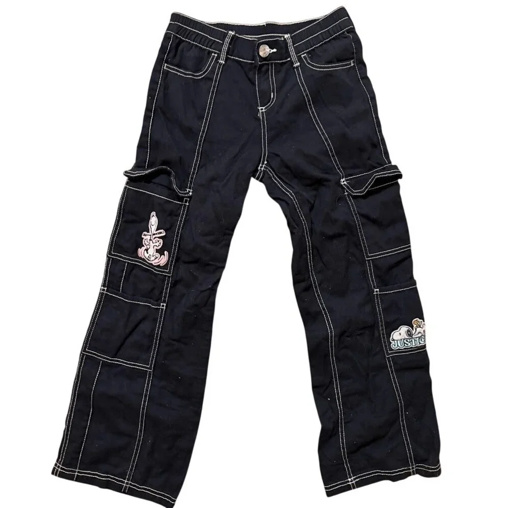 Justice Peanuts Snoopy Black Cargo Pants Contrast Stitch Girls Size 10 Wide Leg